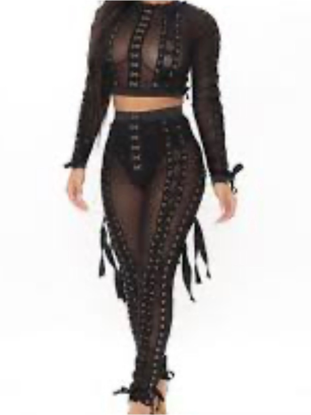 FA Black Sheer Lace-Up Two-Piece Pantsuit By Fashion Nova